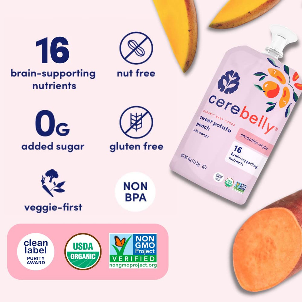 Cerebelly Baby Food Pouches Stage 1  Sweet Potato Peach Smoothie (4 Oz, Pack Of 12) - Healthy Kids Snacks - Organic Fruit & Veggie Purees, Great Toddler Snacks