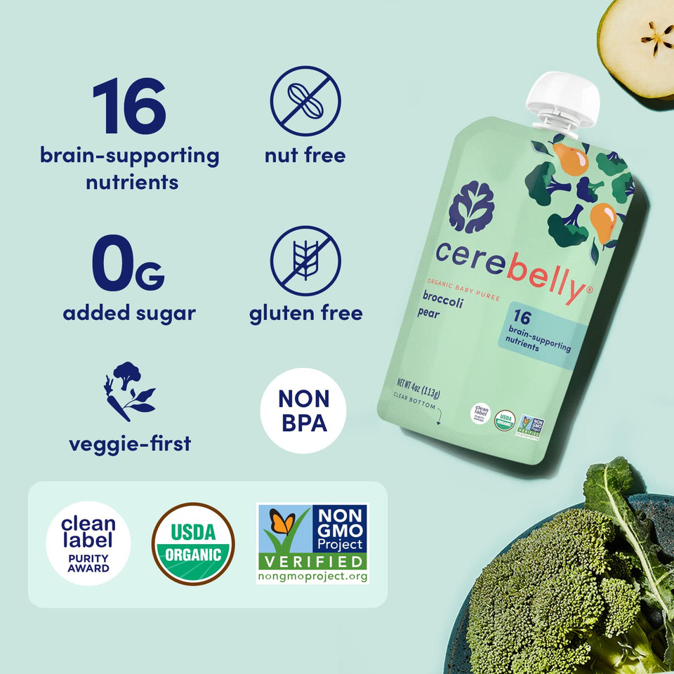 Cerebelly Baby Food Pouch  Broccoli Pear, Organic Fruit & Veggie Purees, Great Snack For Toddlers, 16 Brain-Supporting Nutrients From Superfoods, No Added Sugar