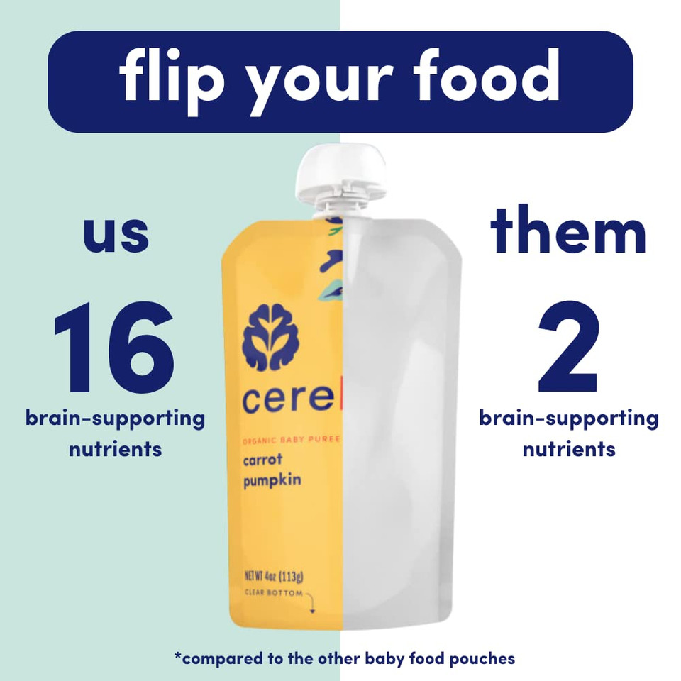 Cerebelly Baby Food Pouches  Organic Carrot Pumpkin (4 Oz, Pack Of 6) - Toddler Snacks - 16 Brain-Supporting Nutrients, Healthy Snacks, Made With Gluten-Free Ingredients, No Added Sugar