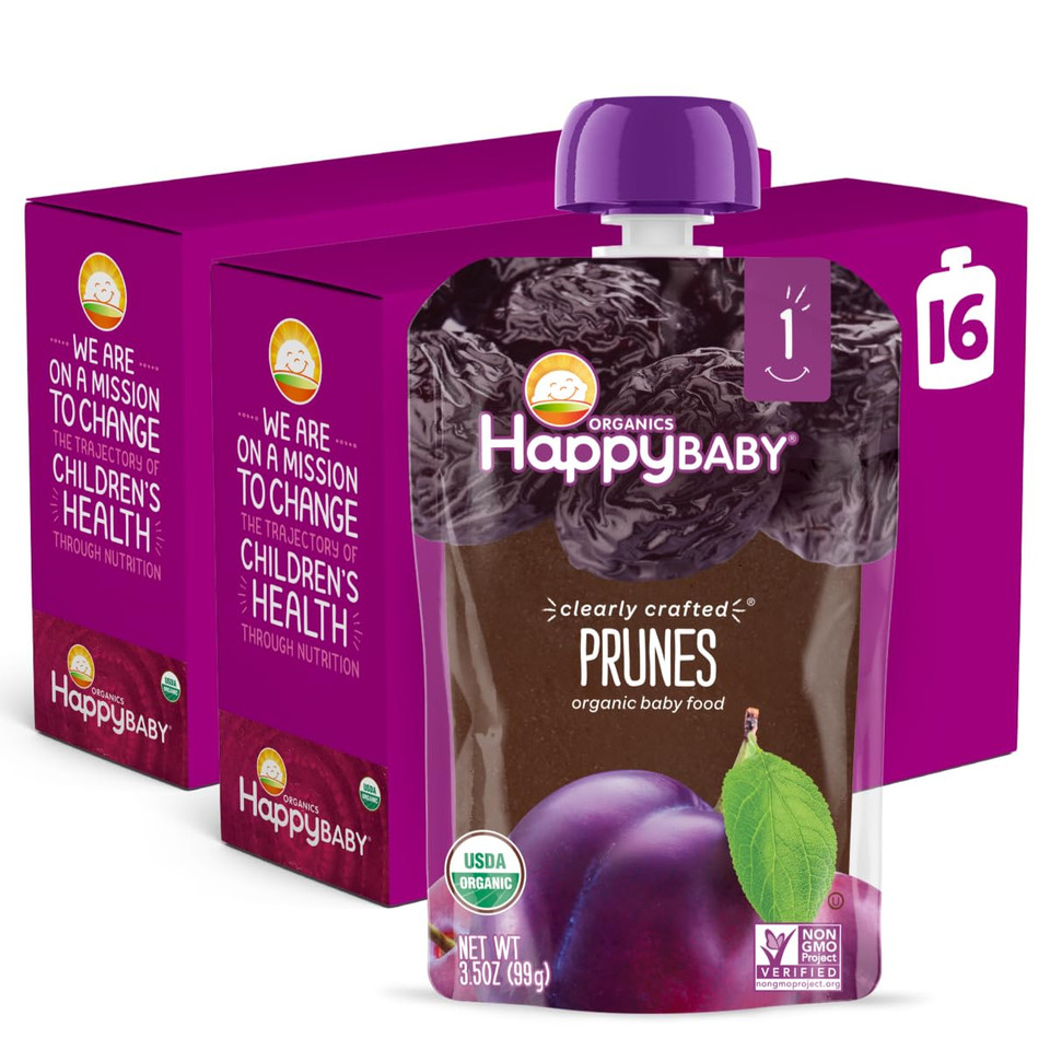 Happy Baby Organics Clearly Crafted Stage 1 Baby Food, Prunes, 3.5 Ounce Pouch (Pack Of 16)
