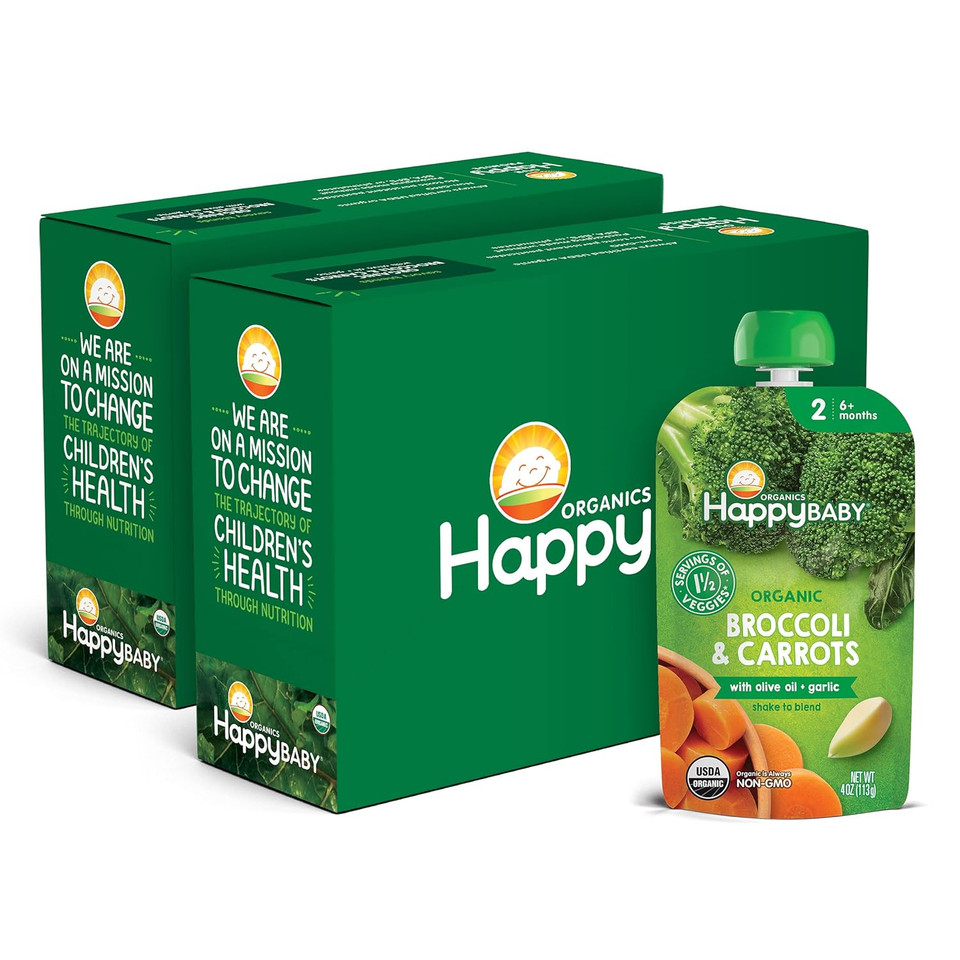 Happy Baby Organics Savory Blends Stage 2 Baby Food, Broccoli & Carrots With Olive Oil + Garlic, 4 Ounce Pouch (Pack Of 16)