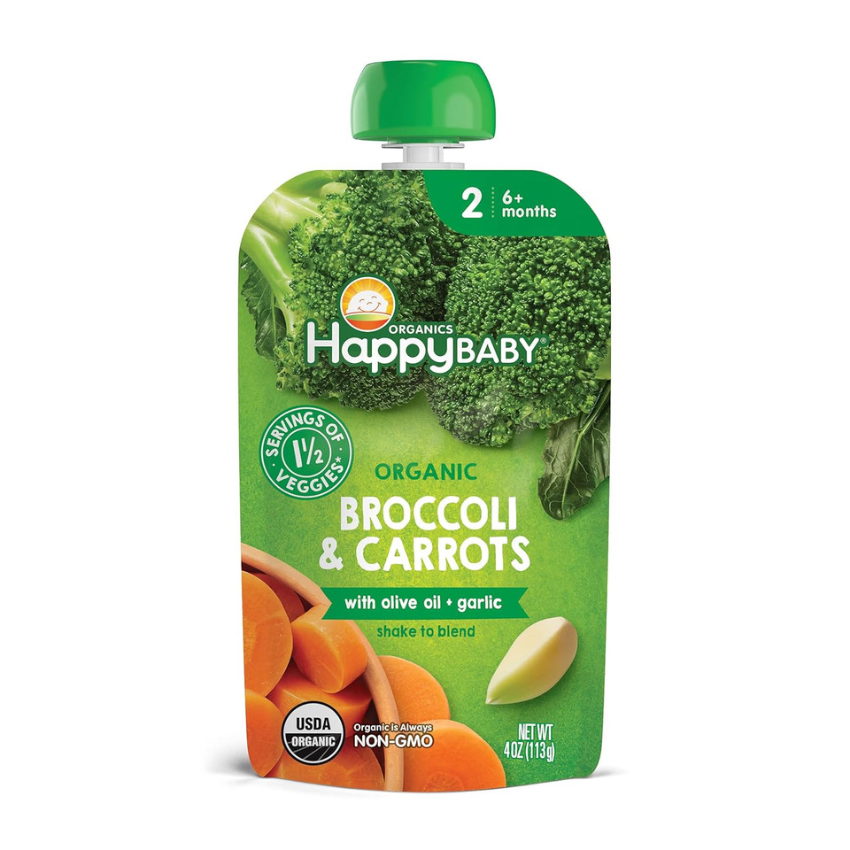 Happy Baby Organics Savory Blends Stage 2 Baby Food, Broccoli & Carrots With Olive Oil + Garlic, 4 Ounce Pouch (Pack Of 16)