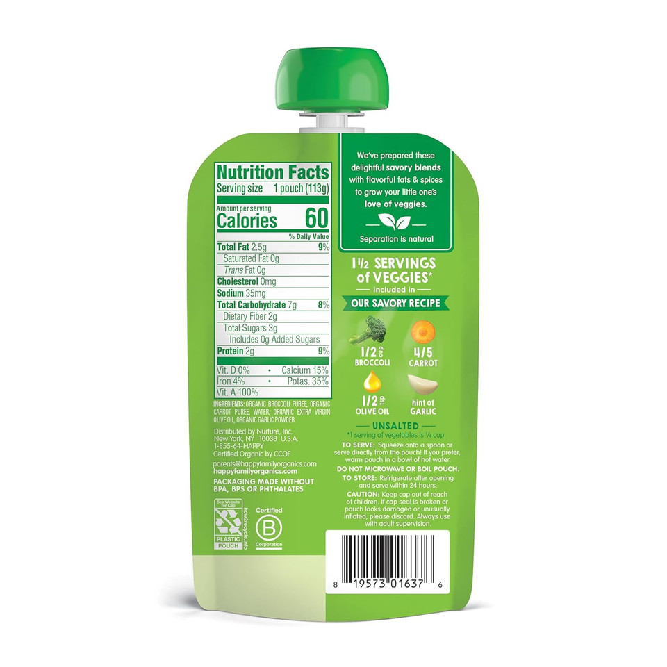 Happy Baby Organics Savory Blends Stage 2 Baby Food, Broccoli & Carrots With Olive Oil + Garlic, 4 Ounce Pouch (Pack Of 16)