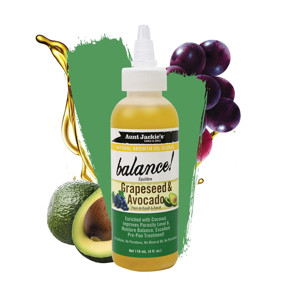Aunt Jackie'S Natural Growth Oil Blends Balance - Grapeseed And Avocado, Pre-Shampoo Treatment, Improves Porosity And Moisture Balance, 4 Oz