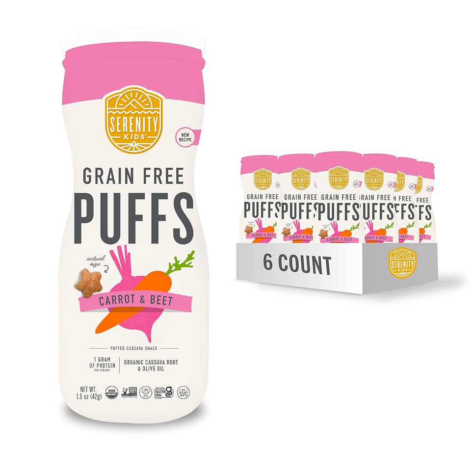 Serenity Kids 6+ Months Grain Free Puffs Toddler & Baby Snack | No Added Sugar, Gluten & Rice Free, Allergen Free | Made With Organic Cassava, Veggies, And Herbs | Carrot & Beet | 6 Count Serenity Kids 6+ Months Grain Free Puffs Toddler & Baby Snack | No Added Sugar, Gluten & Rice Free, Allergen Free | Made With Organic Cassava, Veggies, And Herbs | Carrot & Beet | 6 Count