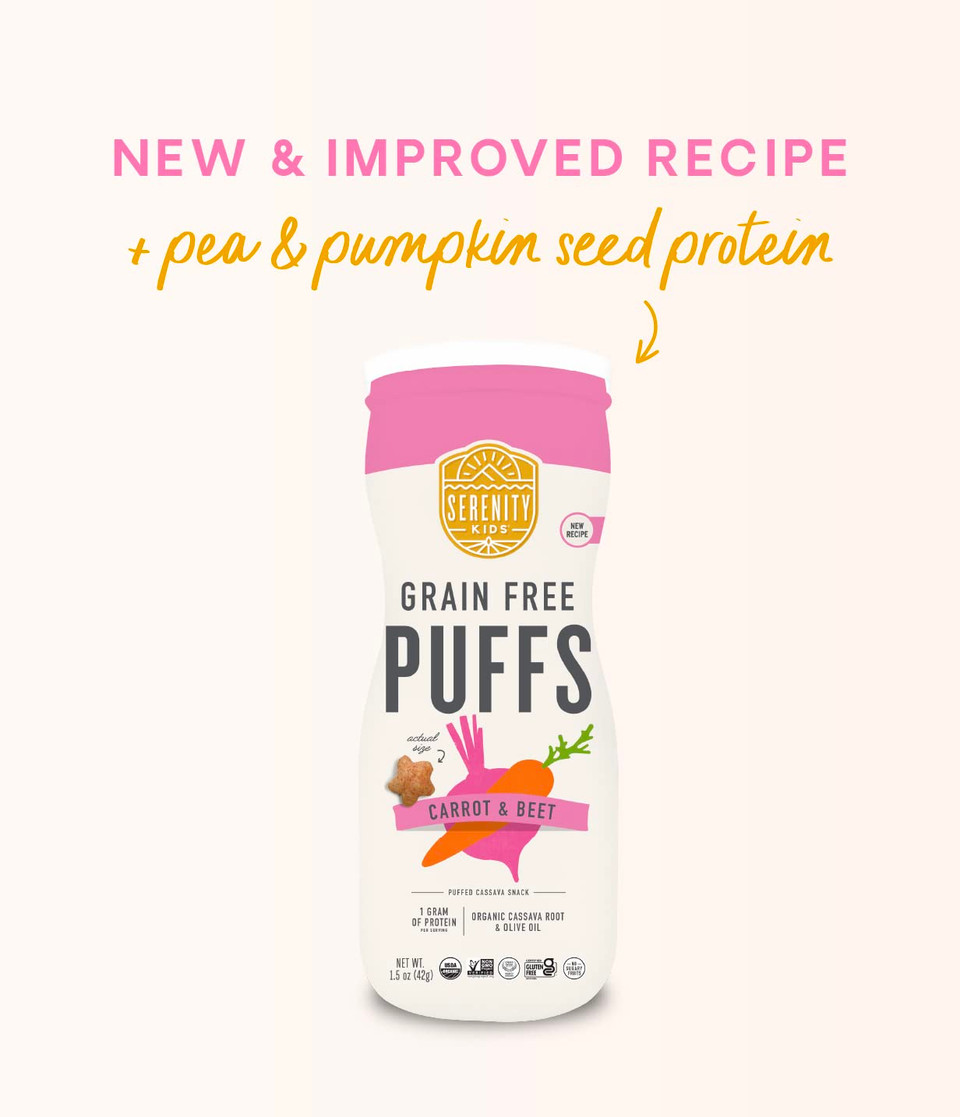 Serenity Kids 6+ Months Grain Free Puffs Toddler & Baby Snack | No Added Sugar, Gluten & Rice Free, Allergen Free | Made With Organic Cassava, Veggies, And Herbs | Carrot & Beet | 6 Count Serenity Kids 6+ Months Grain Free Puffs Toddler & Baby Snack | No Added Sugar, Gluten & Rice Free, Allergen Free | Made With Organic Cassava, Veggies, And Herbs | Carrot & Beet | 6 Count