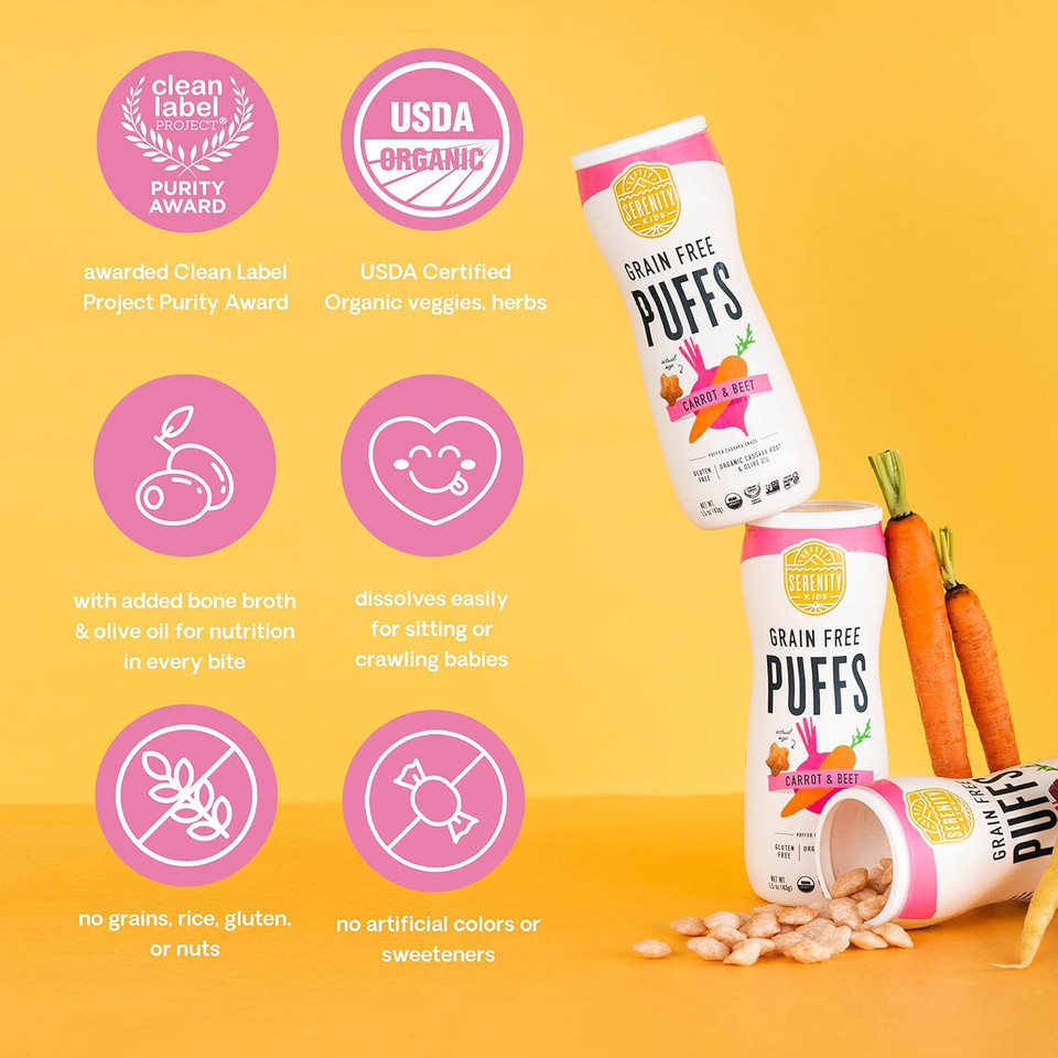 Serenity Kids 6+ Months Grain Free Puffs Toddler & Baby Snack | No Added Sugar, Gluten & Rice Free, Allergen Free | Made With Organic Cassava, Veggies, And Herbs | Carrot & Beet | 6 Count Serenity Kids 6+ Months Grain Free Puffs Toddler & Baby Snack | No Added Sugar, Gluten & Rice Free, Allergen Free | Made With Organic Cassava, Veggies, And Herbs | Carrot & Beet | 6 Count