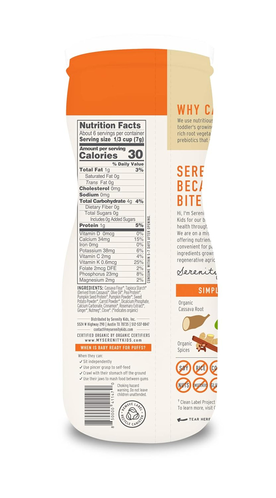 Serenity Kids 6+ Months Grain Free Puffs Toddler & Baby Snack | No Added Sugar, Gluten & Rice Free, Allergen Free | Made With Organic Cassava, Veggies, And Herbs | Pumpkin & Cinnamon | 6 Count