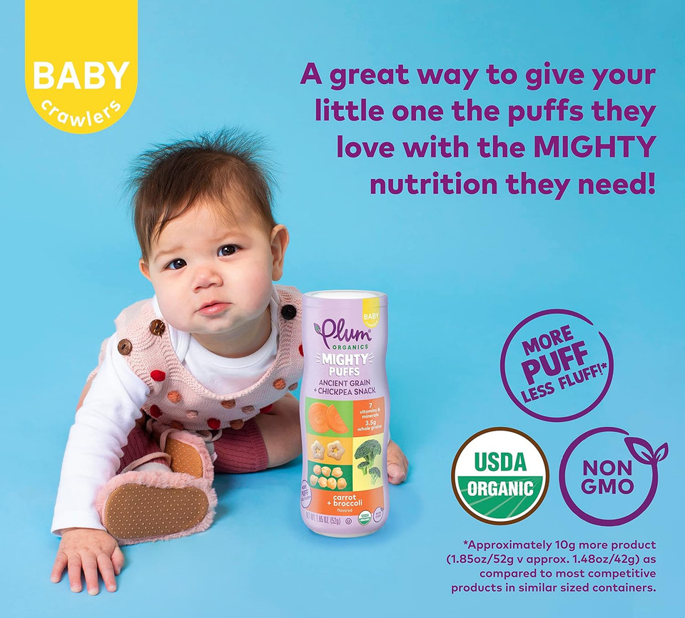 Plum Organics Mighty Puffs Organic Baby Food - Carrot And Broccoli - 1.85 Oz Canister (Pack Of 6) - Ancient Grains And Chickpea Snacks