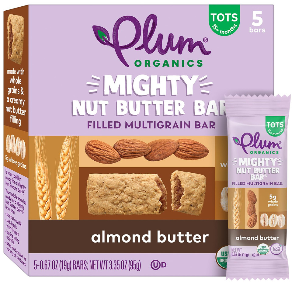 Plum Organics Mighty Nut Butter Bars - Almond Butter - 0.67 Oz Bars (Pack Of 40) - Organic Toddler Food Multigrain Snack Bars