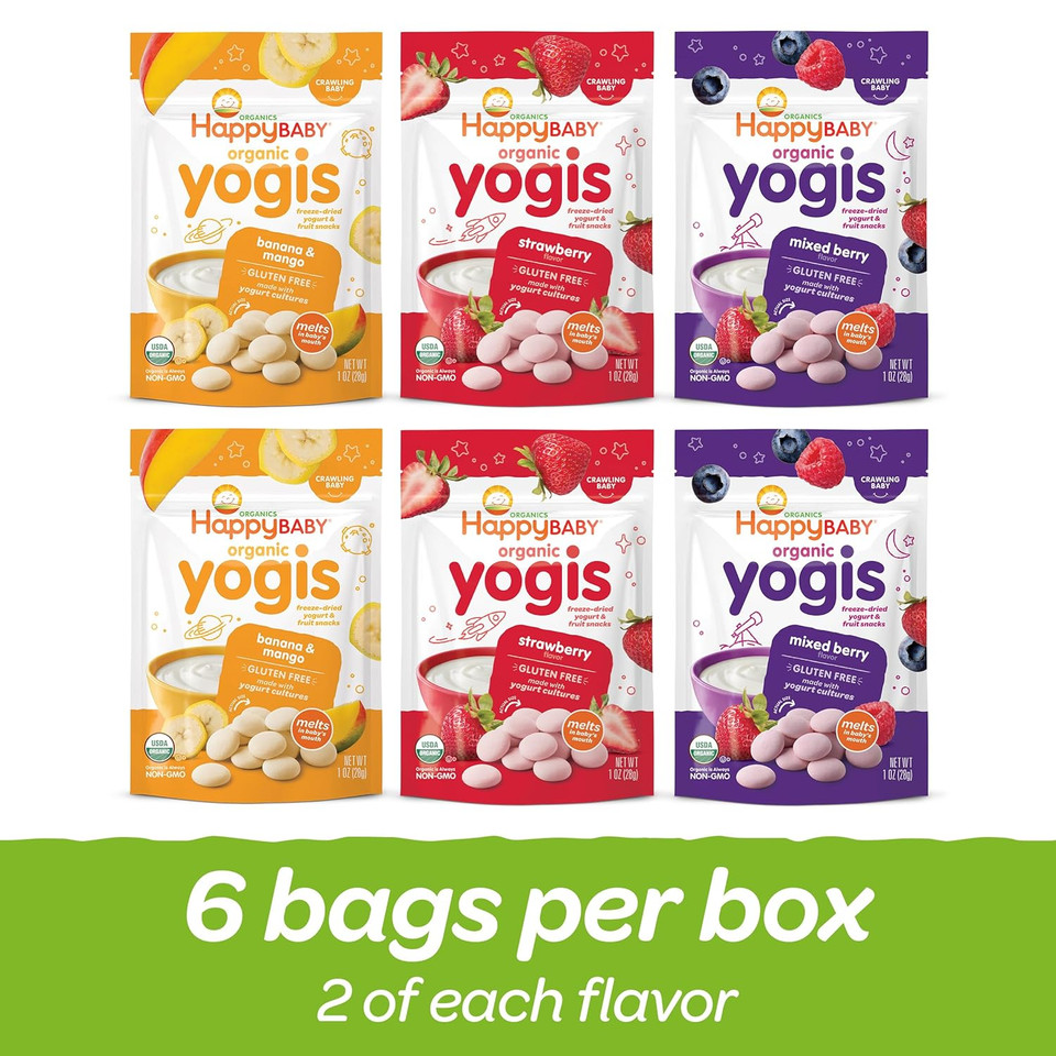 Happy Baby Organics Baby Snacks, Yogis, Freeze Dried Yogurt & Fruit Snacks, Gluten Free Snack For Babies 9+ Months, 3 Flavor Variety Pack, 1 Ounce (Total Pack Of 6)