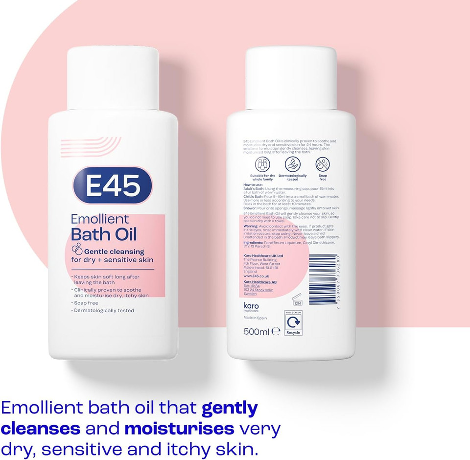 E45 Bath Oil 500 ml  E45 Bath Oil Emollient to Moisturise & Hydrate Dry Skin  Gently Cleanses for Soft Skin  Soap Free & Perfume Free Emollient Bath & Shower Oil Body Wash - Dermatologically Tested