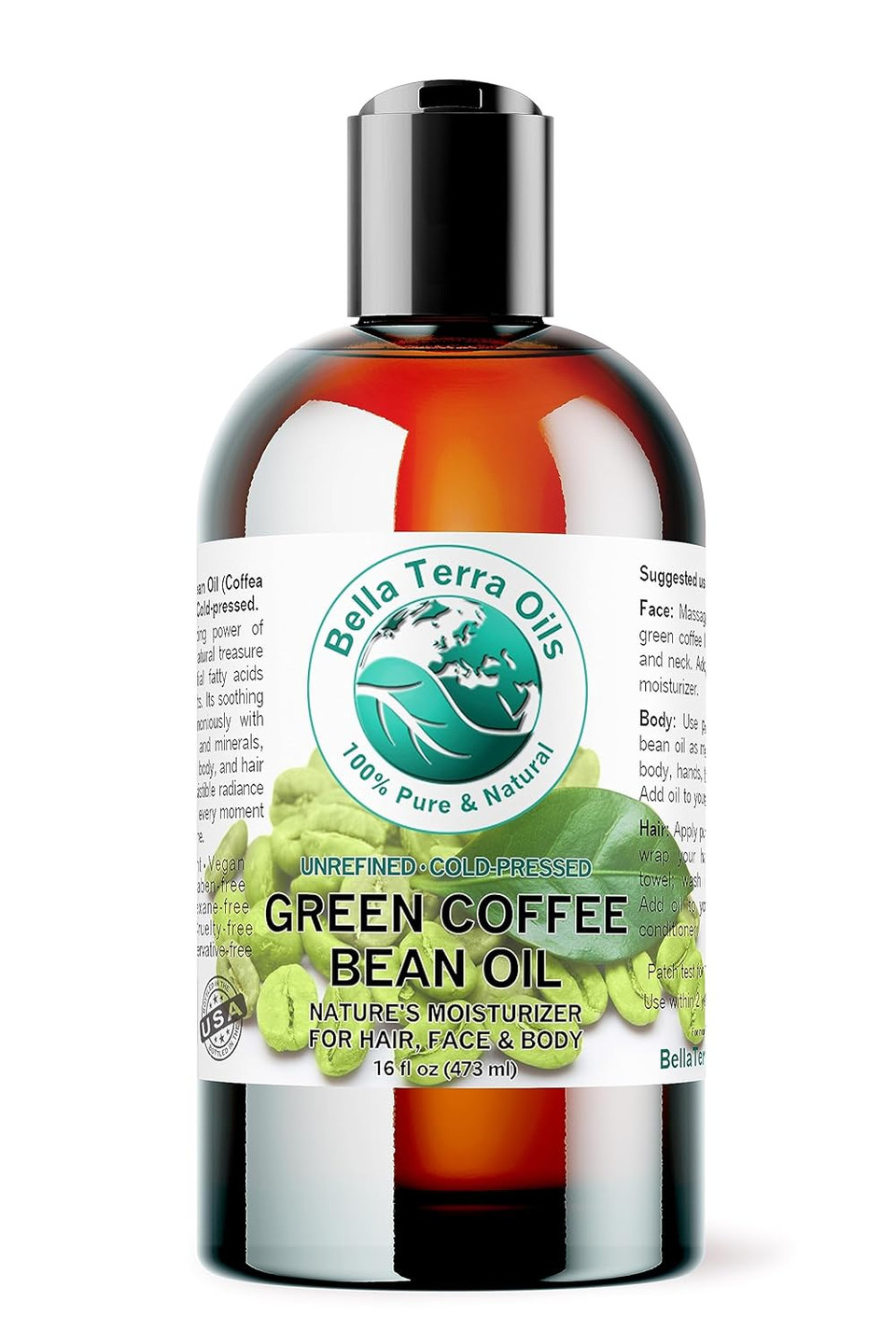 Bella Terra Oils - Green Coffee Bean Oil 16 Oz - Dive Into The World Of Green Bean Coffee Extract, Boosted With Antioxidants, Supreme Skin Care Elixir16.00 Fl Oz (Pack Of 1)