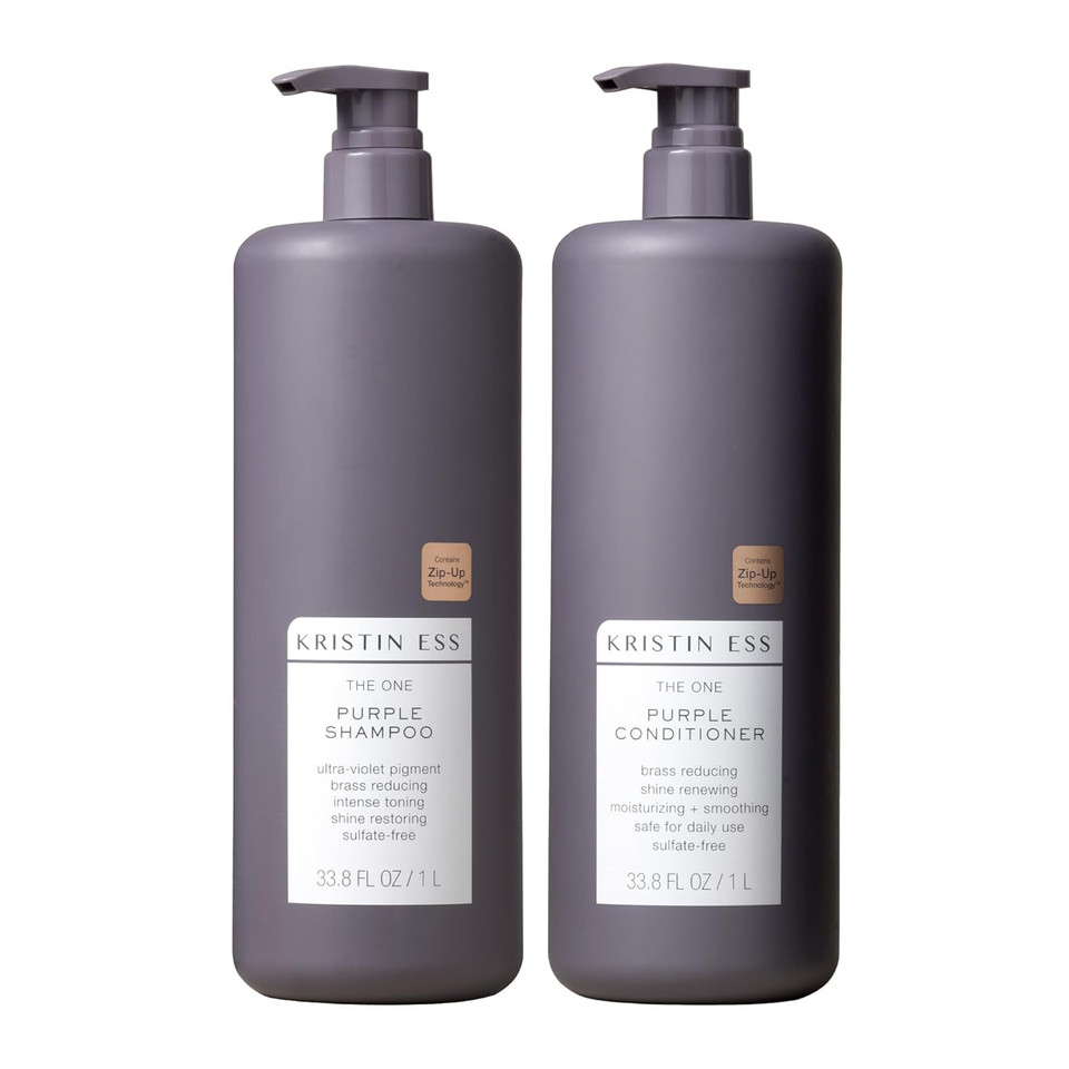 Kristin Ess Hair Purple Shampoo And Conditioner Set For Blonde, Brunette, Silver + Gray Hair, Anti Brass + Yellow Tones, Safe For Color Treated Hair, Sulfate Free Toning Shampoo Conditioner - 1 Liter