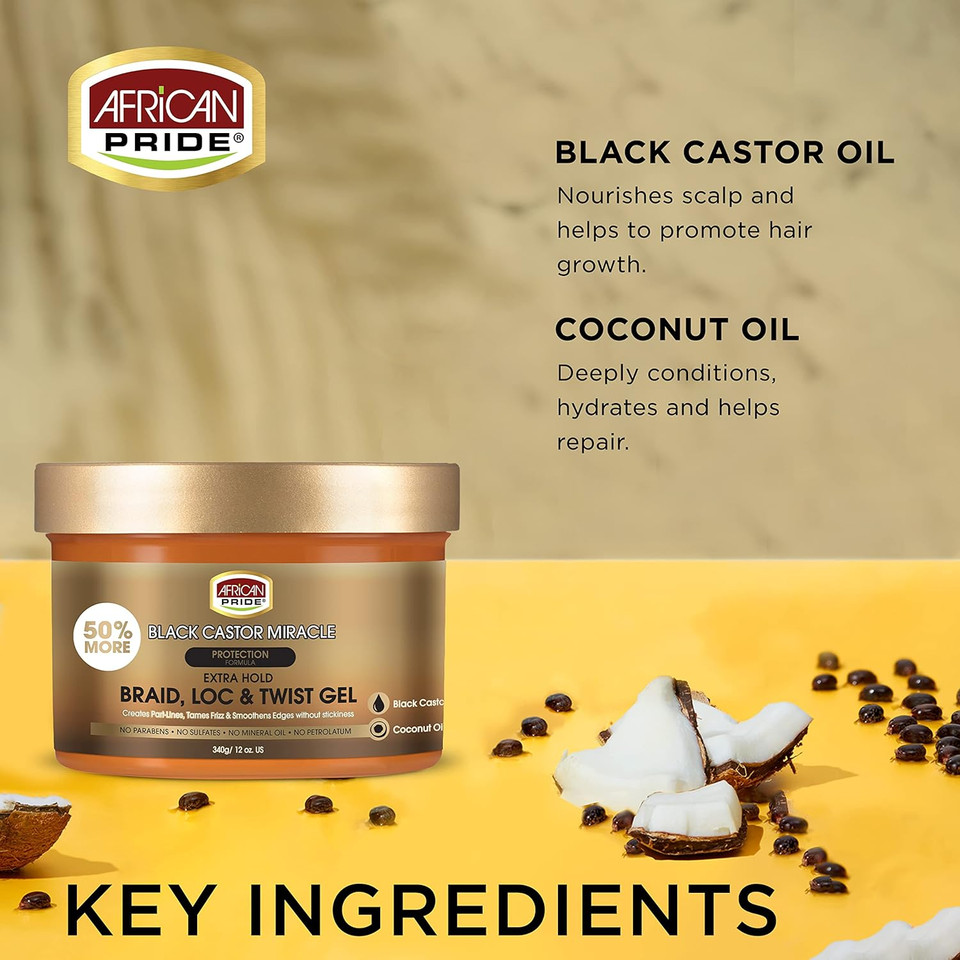 African Pride Black Castor Miracle Extra Hold Braid, Loc, Twist Gel - Tames Frizz & Controls Edges, No Parabens, No Sulfates, No Mineral Oil, No Petrolatum, Contains Black Castor & Coconut Oil, 12 Oz