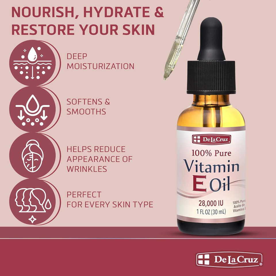 De La Cruz Vitamin E Oil For Face 28,000 Iu - No Preservatives, Artificial Colors Or Fragrances, Made In Usa 1 Fl. Oz