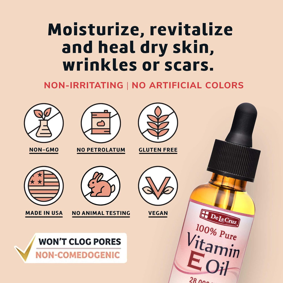 De La Cruz Vitamin E Oil For Face 28,000 Iu - No Preservatives, Artificial Colors Or Fragrances, Made In Usa 1 Fl. Oz