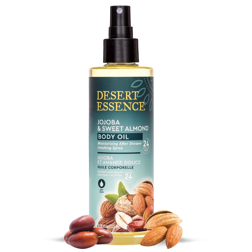 Desert Essence, Jojoba & Sweet Almond Body Oil Spray, 8.28 Fl. Oz. - Gluten-Free, Vegan, Cruelty Free - 24Hour Moisture, Soothes Skin, Perfect For Sensitive Skin, Illuminating Body Spray