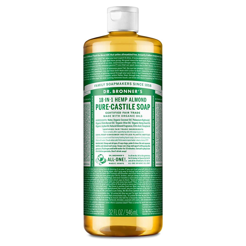 Dr. Bronner'S - Pure-Castile Liquid Soap (Almond, 32 Ounce) - Made With Organic Oils, 18-In-1 Uses: Face, Body, Hair, Laundry, Pets And Dishes, Concentrated, Vegan, Non-Gmo