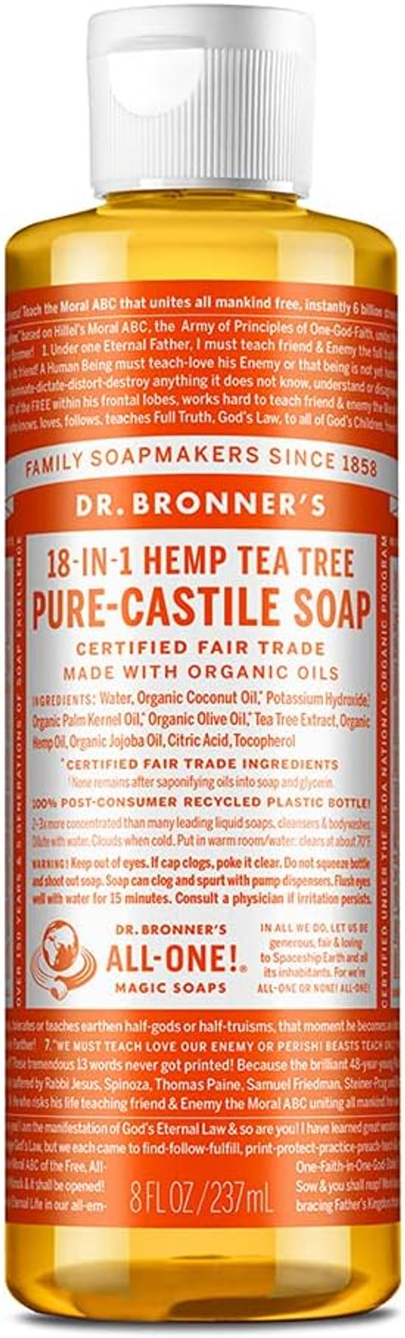 Dr. Bronner'S - Pure-Castile Liquid Soap (Tea Tree, 8 Ounce) - Made With Organic Oils, 18-In-1 Uses: Acne-Prone Skin, Dandruff, Laundry, Pets And Dishes, Concentrated, Vegan, Non-Gmo