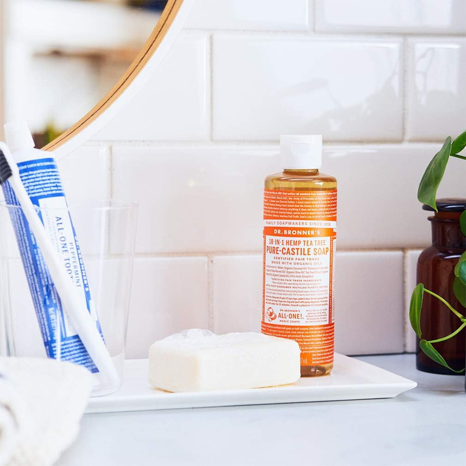 Dr. Bronner'S - Pure-Castile Liquid Soap (Tea Tree, 8 Ounce) - Made With Organic Oils, 18-In-1 Uses: Acne-Prone Skin, Dandruff, Laundry, Pets And Dishes, Concentrated, Vegan, Non-Gmo