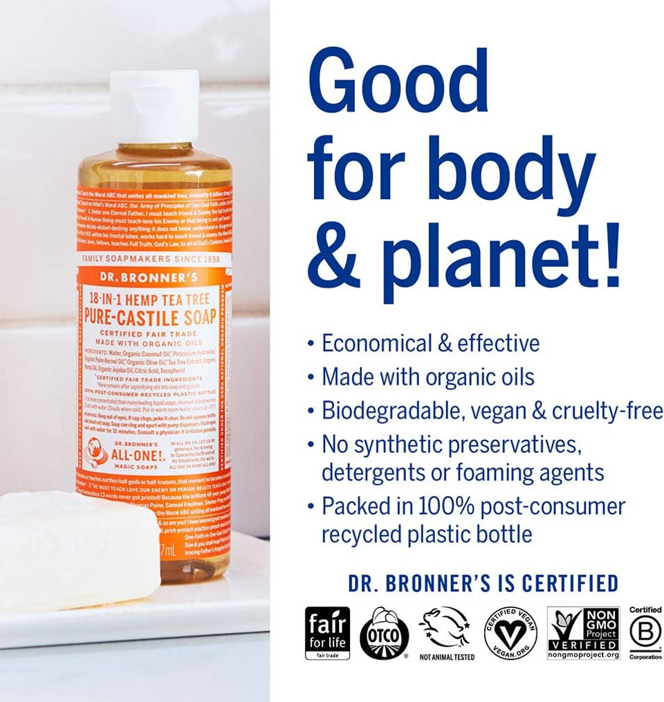 Dr. Bronner'S - Pure-Castile Liquid Soap (Tea Tree, 8 Ounce) - Made With Organic Oils, 18-In-1 Uses: Acne-Prone Skin, Dandruff, Laundry, Pets And Dishes, Concentrated, Vegan, Non-Gmo