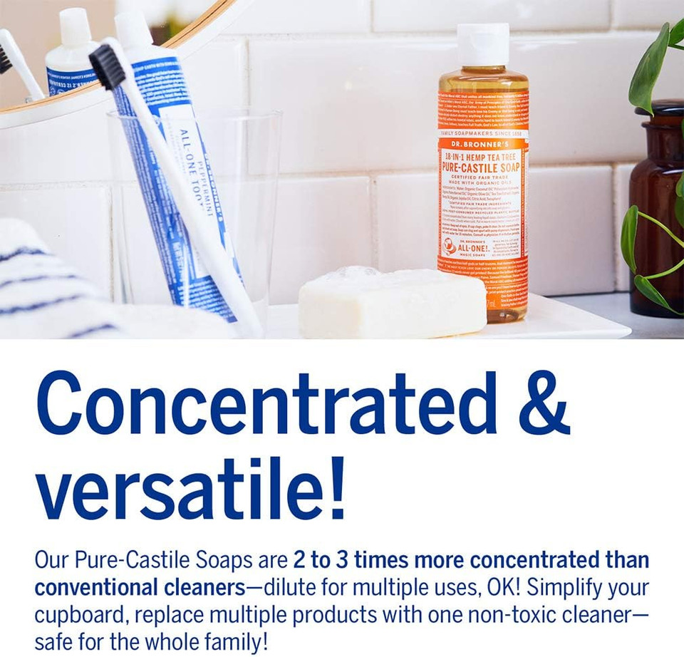 Dr. Bronner'S - Pure-Castile Liquid Soap (Tea Tree, 8 Ounce) - Made With Organic Oils, 18-In-1 Uses: Acne-Prone Skin, Dandruff, Laundry, Pets And Dishes, Concentrated, Vegan, Non-Gmo