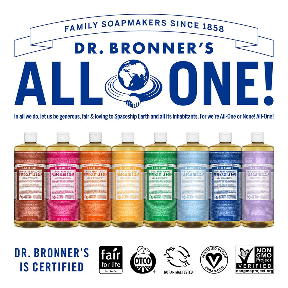 A 32-ounce bottle of Dr. Bronner's Pure-Castile Liquid Soap in Eucalyptus. The packaging highlights its 18-in-1 uses, including for face, body, hair, laundry, and dishes. Made with organic oils, vegan, and non-GMO.