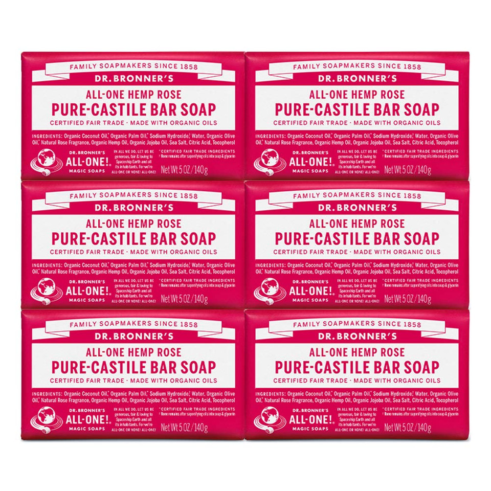 Dr. Bronner'S - Pure-Castile Bar Soap (Rose, 5 Ounce, 6-Pack) - Made With Organic Oils, For Face, Body And Hair, Gentle And Moisturizing, Biodegradable, Vegan, Cruelty-Free, Non-Gmo