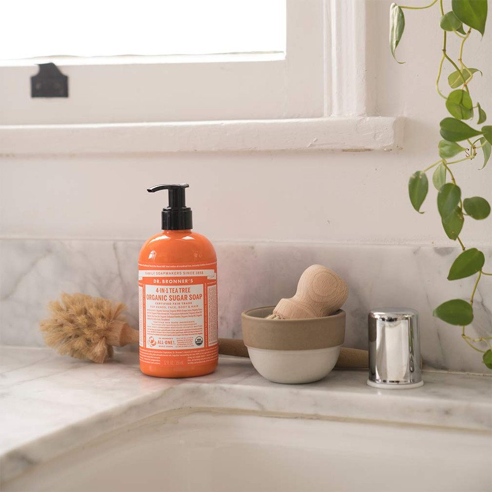 Dr. Bronner'S - Organic Sugar Soap (Tea Tree, 12 Ounce) - Made With Organic Oils, Sugar And Shikakai Powder, 4-In-1 Uses: Hands, Body, Face And Hair, Cleanses, Moisturizes And Nourishes, Vegan
