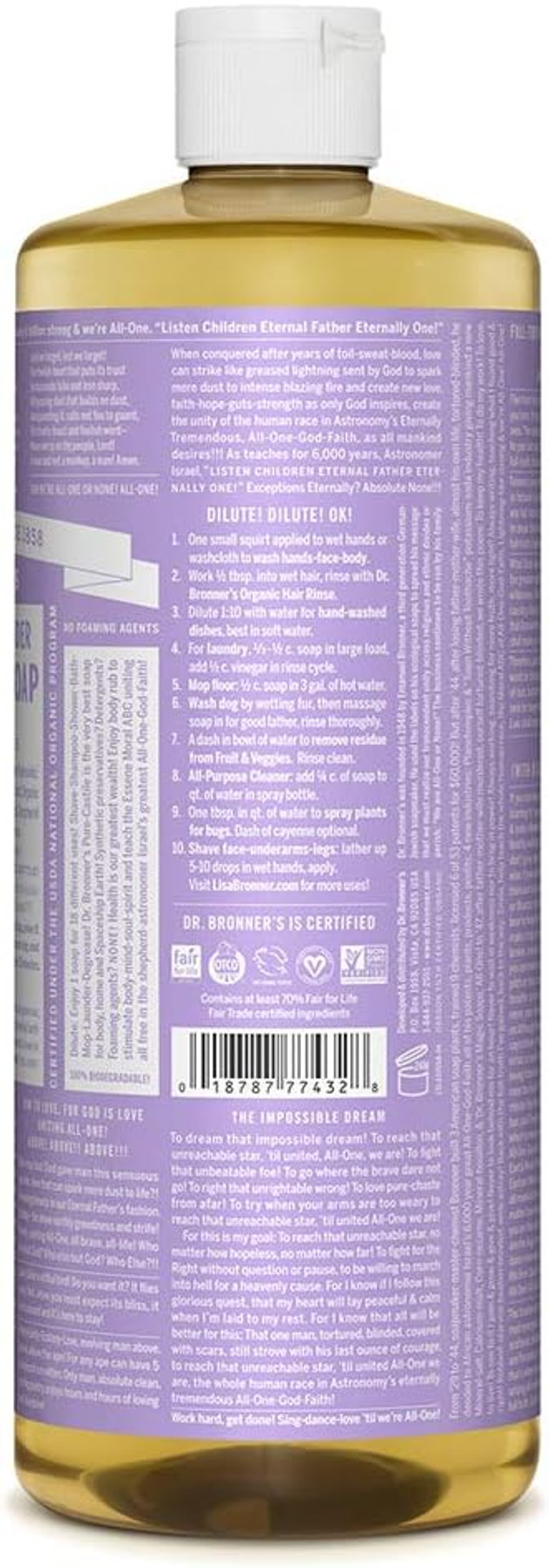 Dr. Bronner'S - Pure-Castile Liquid Soap (Lavender, 32 Ounce, 2-Pack) - Made With Organic Oils, 18-In-1 Uses: Face, Body, Hair, Laundry, Pets And Dishes, Concentrated, Vegan, Non-Gmo