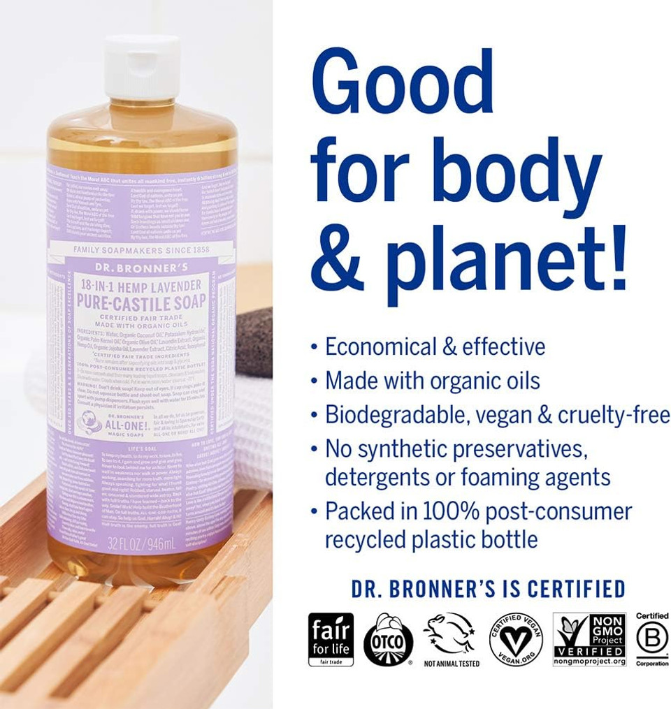 Dr. Bronner'S - Pure-Castile Liquid Soap (Lavender, 32 Ounce, 2-Pack) - Made With Organic Oils, 18-In-1 Uses: Face, Body, Hair, Laundry, Pets And Dishes, Concentrated, Vegan, Non-Gmo