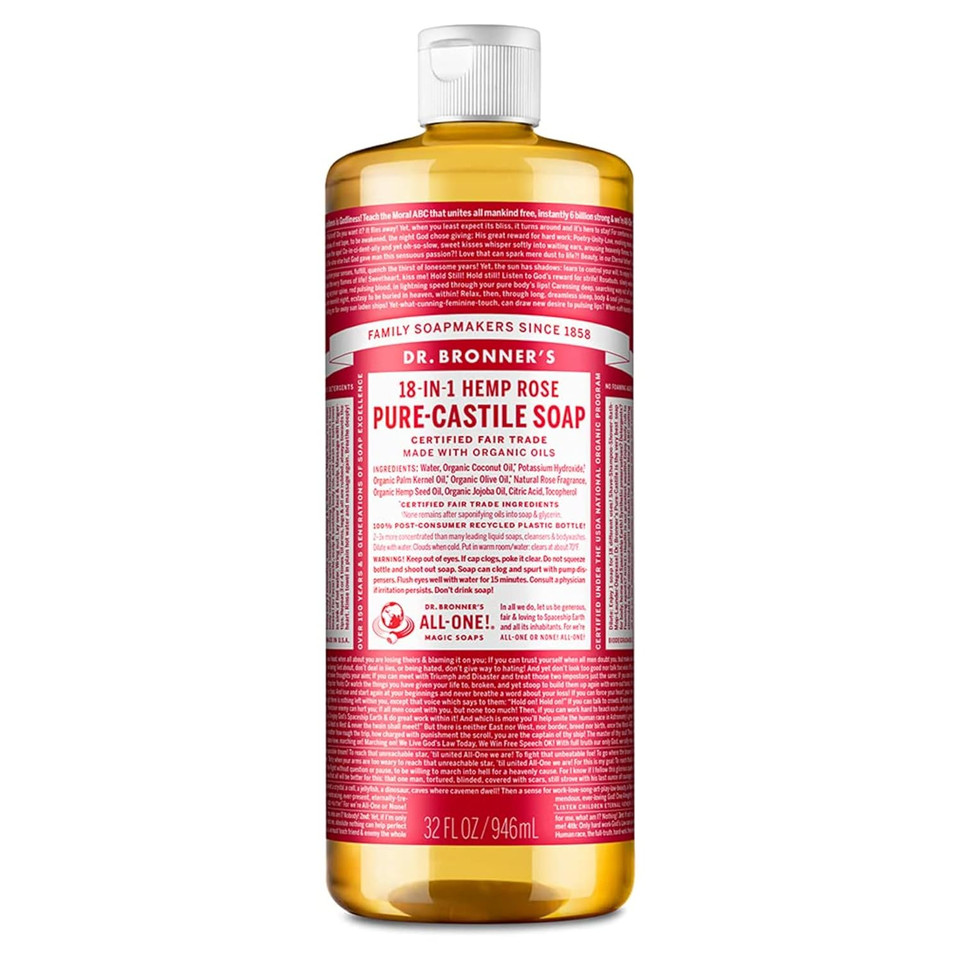 Dr. Bronner'S - Pure-Castile Liquid Soap (Rose, 32 Ounce) - Made With Organic Oils, 18-In-1 Uses: Face, Body, Hair, Laundry, Pets And Dishes, Concentrated, Vegan, Non-Gmo