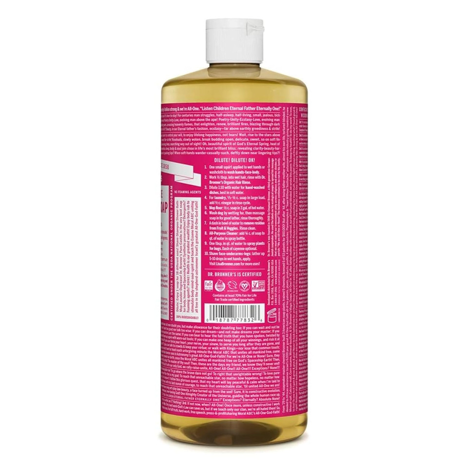 Dr. Bronner'S - Pure-Castile Liquid Soap (Rose, 32 Ounce) - Made With Organic Oils, 18-In-1 Uses: Face, Body, Hair, Laundry, Pets And Dishes, Concentrated, Vegan, Non-Gmo