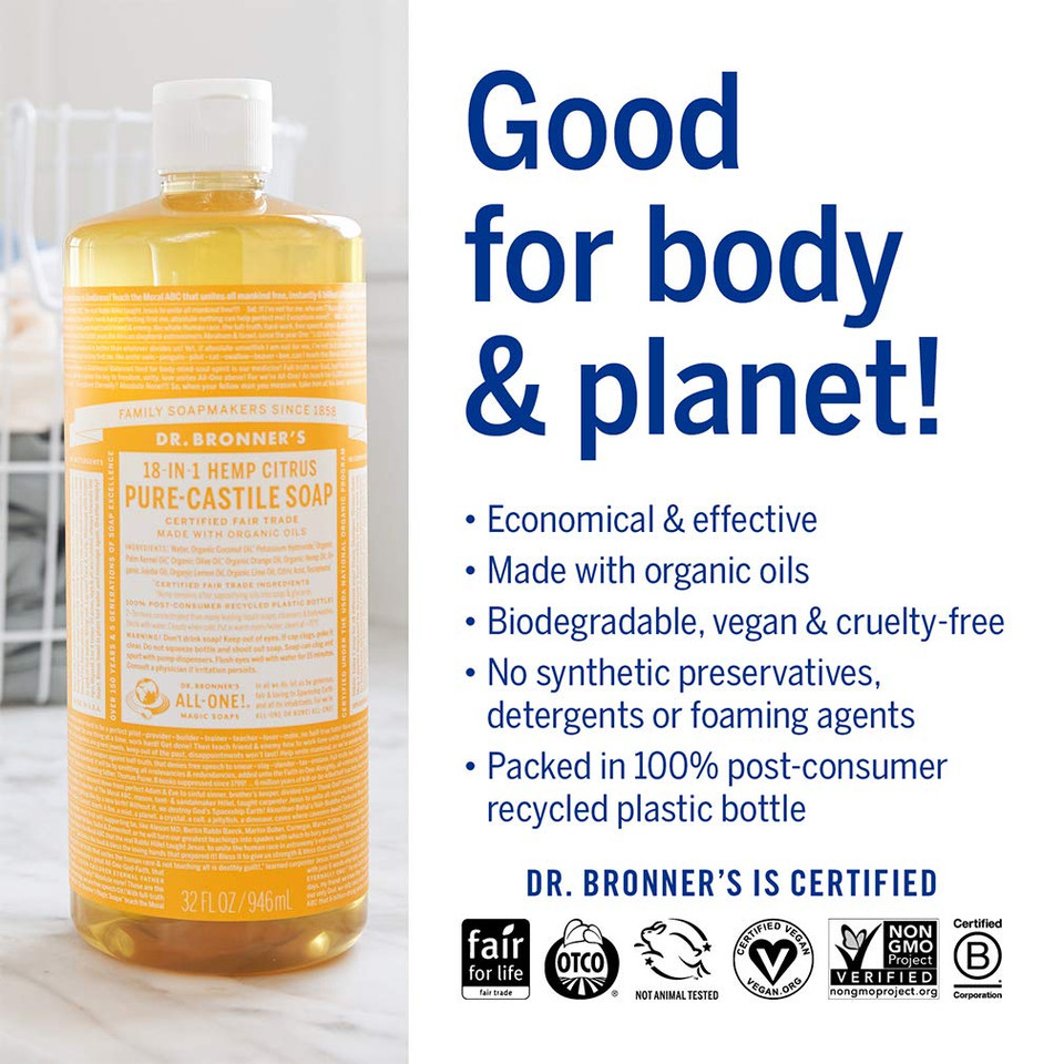 Dr. Bronner'S - Pure-Castile Liquid Soap (Citrus, 32 Ounce) - Made With Organic Oils, 18-In-1 Uses: Face, Body, Hair, Laundry, Pets And Dishes, Concentrated, Vegan, Non-Gmo