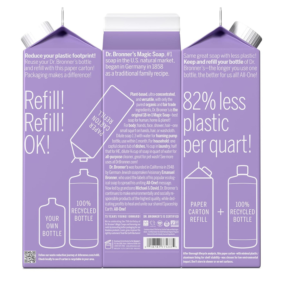 Dr. Bronner'S - Pure-Castile Liquid Soap Refill, 82% Less Plastic Per Quart, Made With Organic Oils, For Face, Body, Hand Soap Refill (32Oz, Lavender)