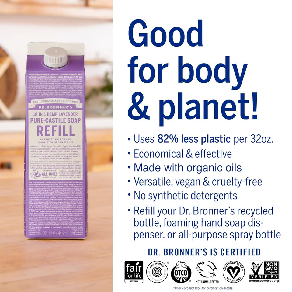 Dr. Bronner'S - Pure-Castile Liquid Soap Refill, 82% Less Plastic Per Quart, Made With Organic Oils, For Face, Body, Hand Soap Refill (32Oz, Lavender)