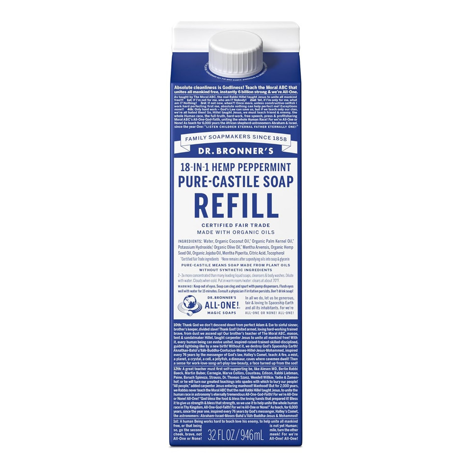 Dr. Bronner'S - Pure-Castile Liquid Soap Refill, 82% Less Plastic Per Quart, Made With Organic Oils, 18-In-1 Uses, For Face, Body, Hand Soap Refill, Hair, Laundry, Pets & Dishes (32Oz, Peppermint)