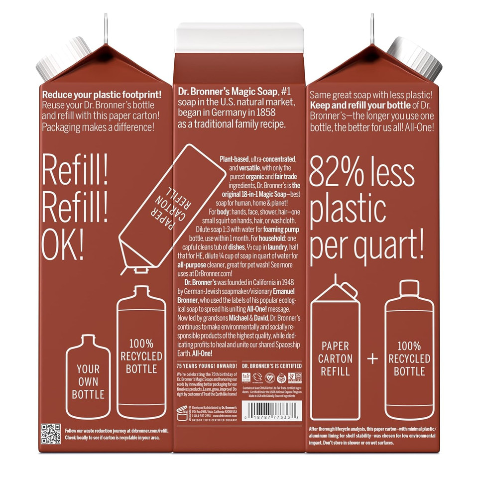 Dr. Bronner'S - Pure-Castile Liquid Soap Refill, 82% Less Plastic, Made With Organic Oils, 18-In-1 For Face, Body, Hair, Laundry, Pets & Dishes, Concentrated, Vegan, Non-Gmo (32Oz, Eucalyptus)