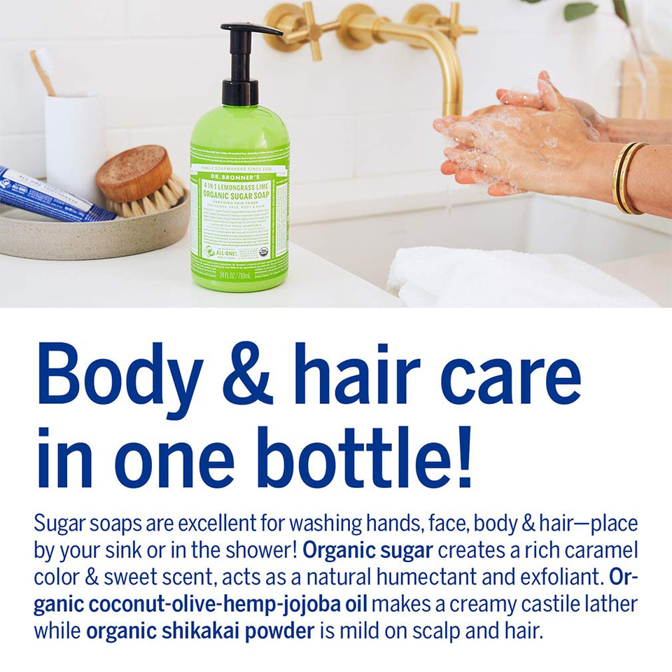 Dr. Bronner'S Organic Sugar Soap Lemongrass 64 Ounce - 4-In-1 Use: Hands, Body, Face And Hair, Cleanses, Moisturizes And Nourishes, Vegan
