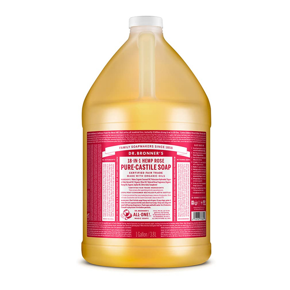Dr. Bronner'S - Pure-Castile Liquid Soap (Rose, 1 Gallon) - Made With Organic Oils, 18-In-1 Uses: Face, Body, Hair, Laundry, Pets And Dishes, Concentrated, Vegan, Non-Gmo