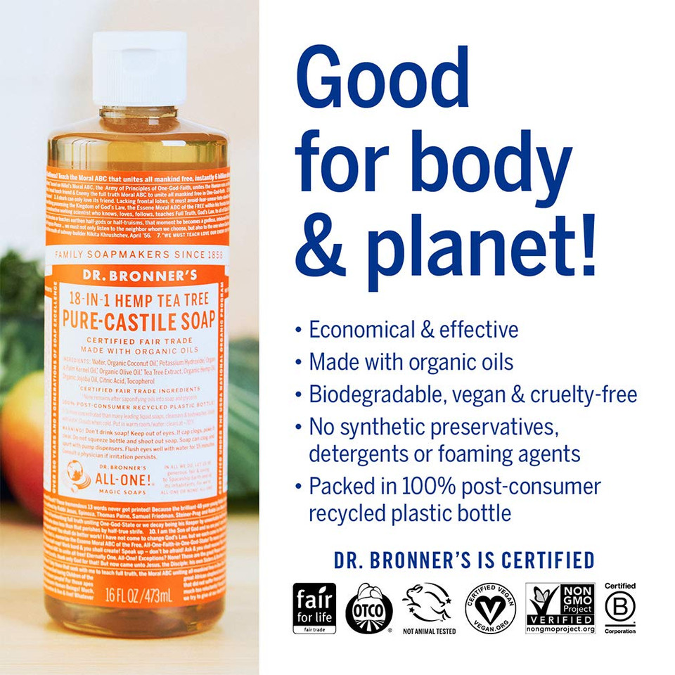 Dr. Bronner'S - Pure-Castile Liquid Soap (Tea Tree, 16 Ounce) - Made With Organic Oils, 18-In-1 Uses: Acne-Prone Skin, Dandruff, Laundry, Pets And Dishes, Concentrated, Vegan, Non-Gmo