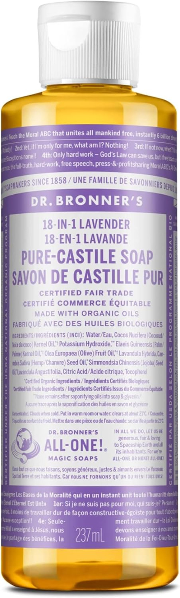 Dr. Bronner'S - Pure-Castile Liquid Soap (Lavender, 8 Ounce) - Made With Organic Oils, 18-In-1 Uses: Face, Body, Hair, Laundry, Pets And Dishes, Concentrated, Vegan, Non-Gmo