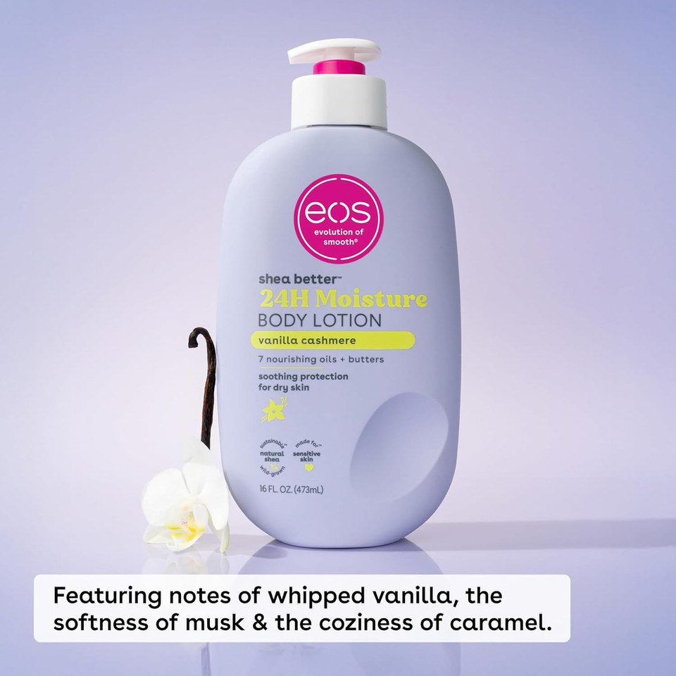 Eos Shea Better Body Lotion- Vanilla Cashmere, 24-Hour Moisture Skin Care, Lightweight & Non-Greasy, Made With Natural Shea, Vegan, 16 Fl Oz Eos Shea Better Body Lotion- Vanilla Cashmere, 24-Hour Moisture Skin Care, Lightweight & Non-Greasy, Made With Natural Shea, Vegan, 16 Fl Oz
