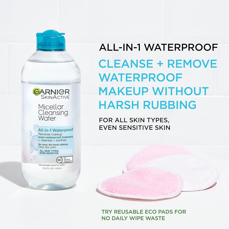 Garnier Micellar Water For Waterproof Makeup, Facial Cleanser & Makeup Remover, 13.5 Fl Oz (400mL), 2 Count (Packaging May Vary)