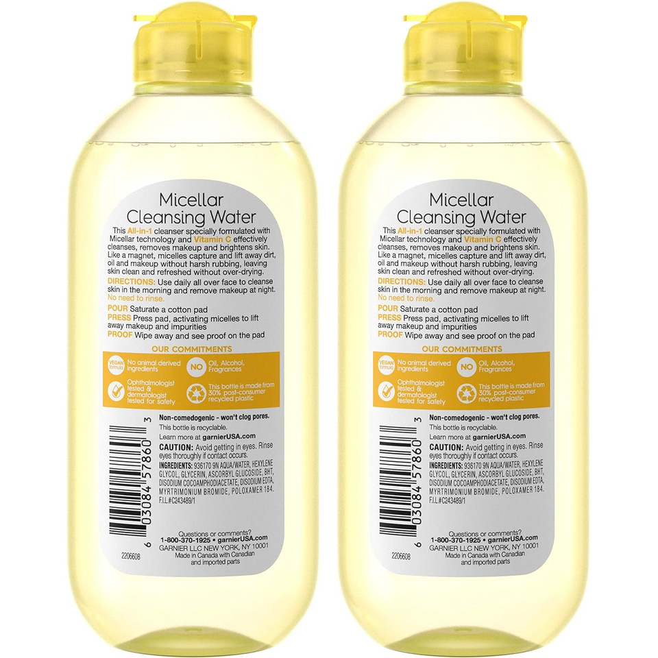 Garnier Micellar Water With Vitamin C, Facial Cleanser & Makeup Remover, 13.5 Fl Oz (400Ml), 2 Count (Packaging May Vary)