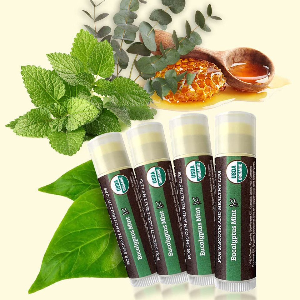 Usda Organic Lip Balm 4-Pack By Earth'S Daughter - Eucalyptus Mint Flavor, Beeswax, Coconut Oil, Vitamin E - Best Lip Repair Chapstick For Dry Cracked Lips