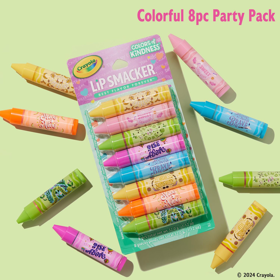 Lip Smacker Crayola Party Pack - 8 Moisturizing Lip Balms, Hydrating & Protecting, Fun Flavors, Glossy Finish, Cruelty-Free - Color Of Kindness