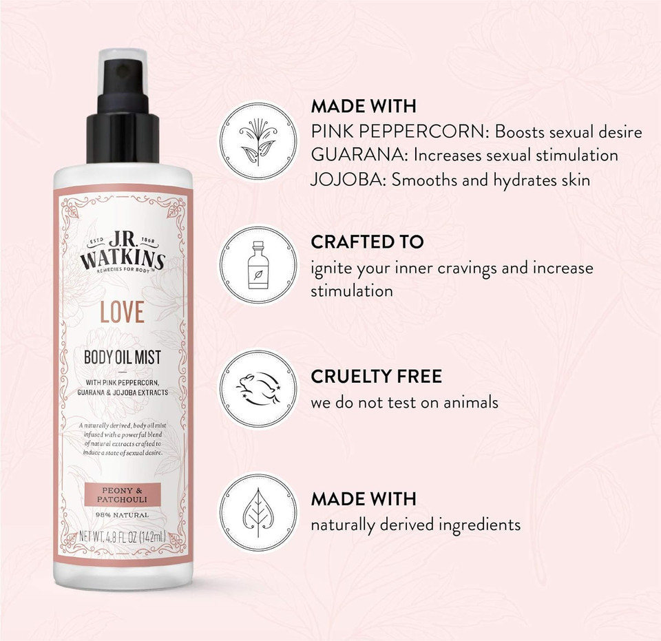 J.R. Watkins Love Body Oil Mist, Hydrates Skin And Boosts Stimulation, Natural Peony & Patchouli, 4.8 Oz4.8 Fl Oz (Pack Of 1)