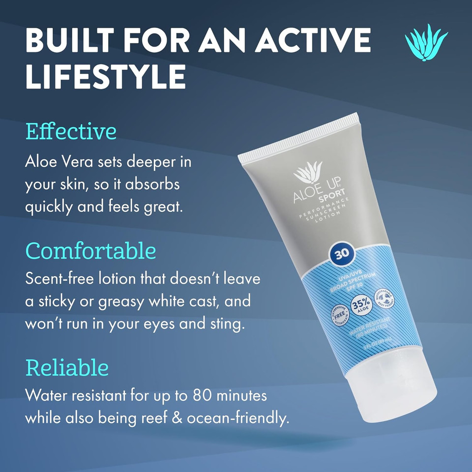 Aloe Up Sport Sunscreen Lotion Spf 30 - Broad Spectrum Uva/Uvb Sunscreen Protector For Face And Body - With Hydrating Aloe Vera Gel - Non-Greasy - No White Cast - Reef Safe - Fragrance-Free - 3 Oz